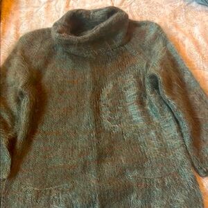 Henri Bendel Green and Tan Super Kid Mohair Cowl Neck Sweater